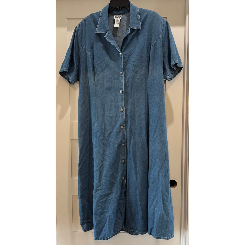 Koret City Blues Button Up Silver Embossed Button Tie Back Long Denim Dress 20W